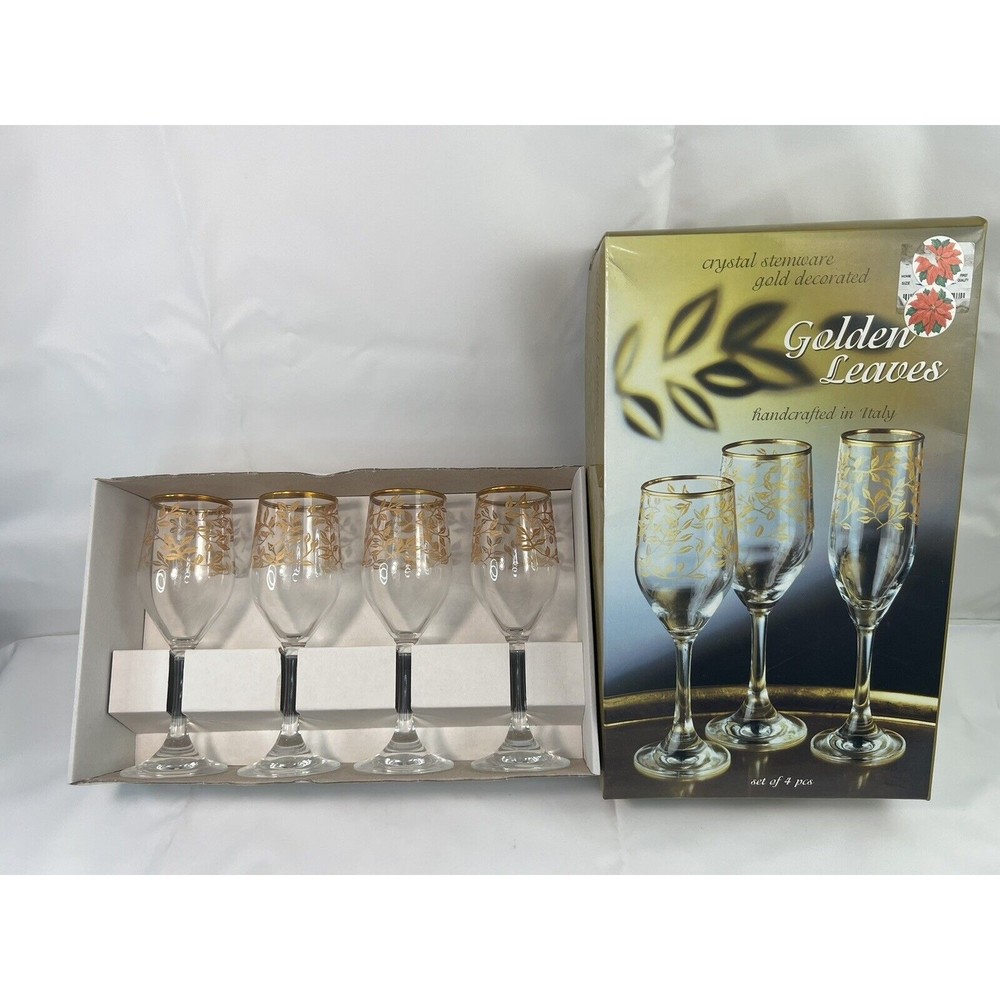 Set Of 4 Crystal Stemware Gold Decorated Golden Leaves Handcrafted In Italy‎ NIB